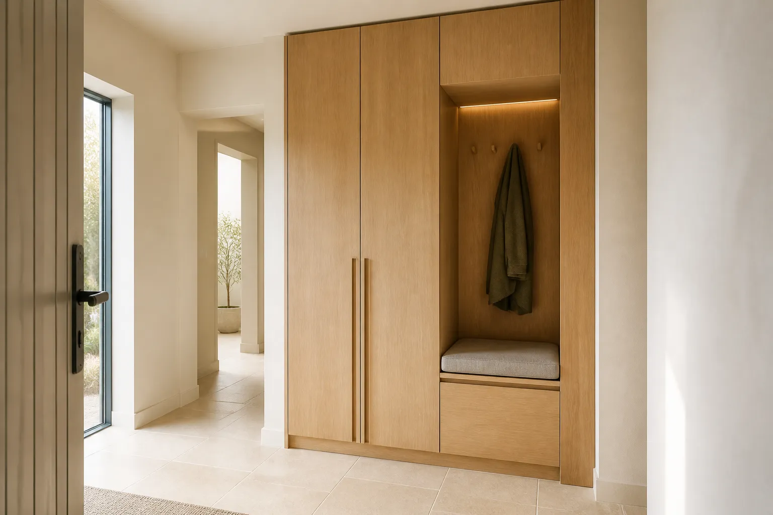 Fiktives KI-Visual: Garderobe auf kleinem Raum