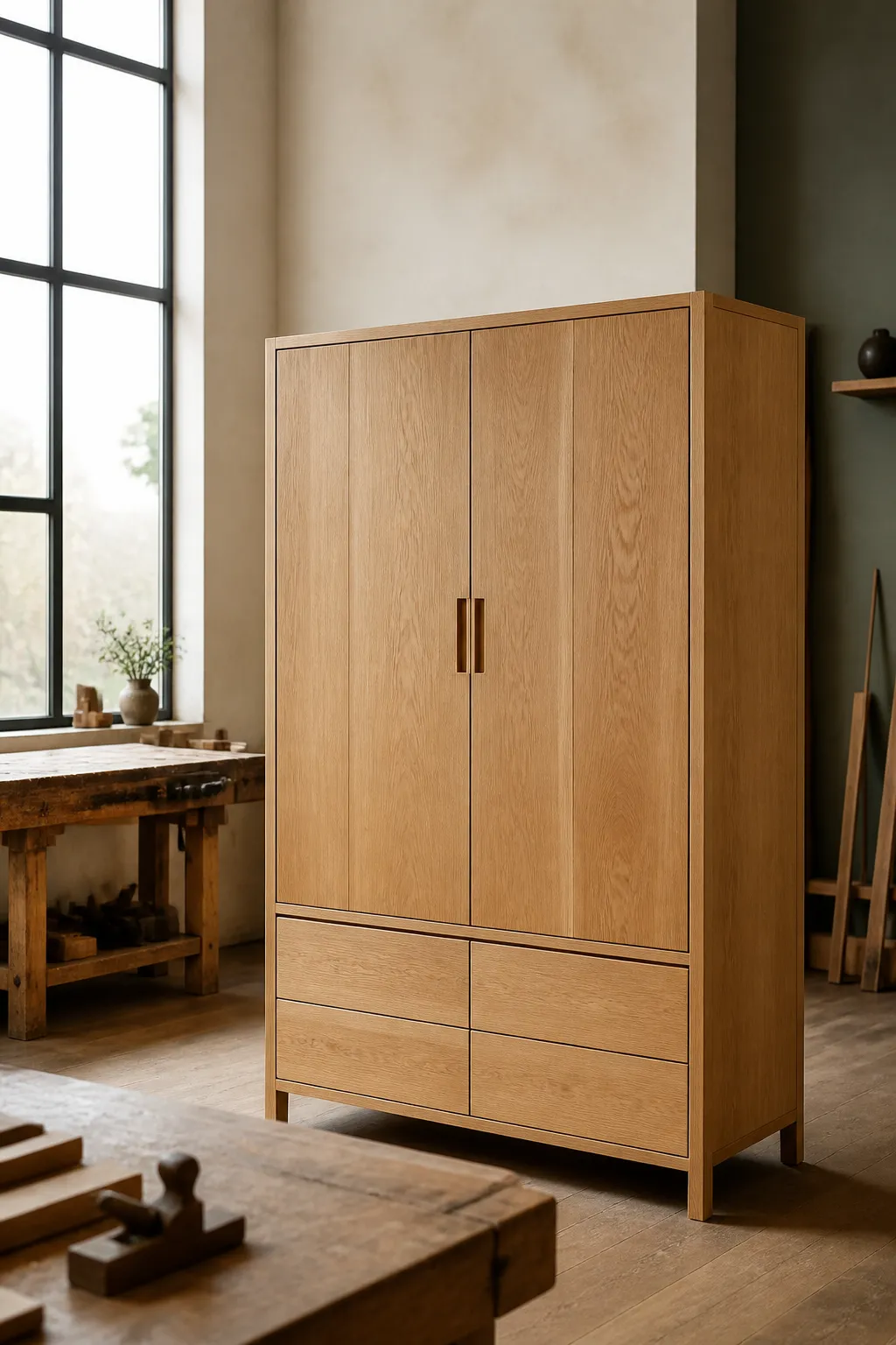 Fiktives KI-Visual einer hellen Werkstatt mit maßgefertigtem Eichenschrank